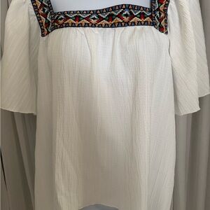 White Boxy Blouse with Flutter Sleeves and Bib Collar